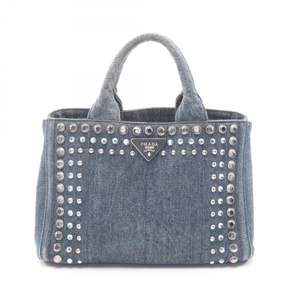 Prada Canapa rhinestone studded tote bag denim Navy Blue